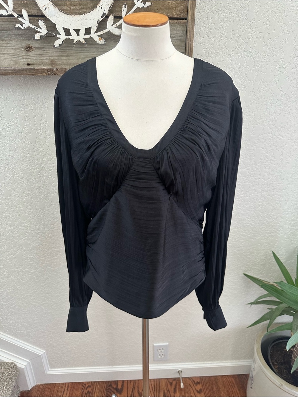 Anthropologie Blouson-Sleeve Blouse Black Women's Long Sleeve Top L NWT